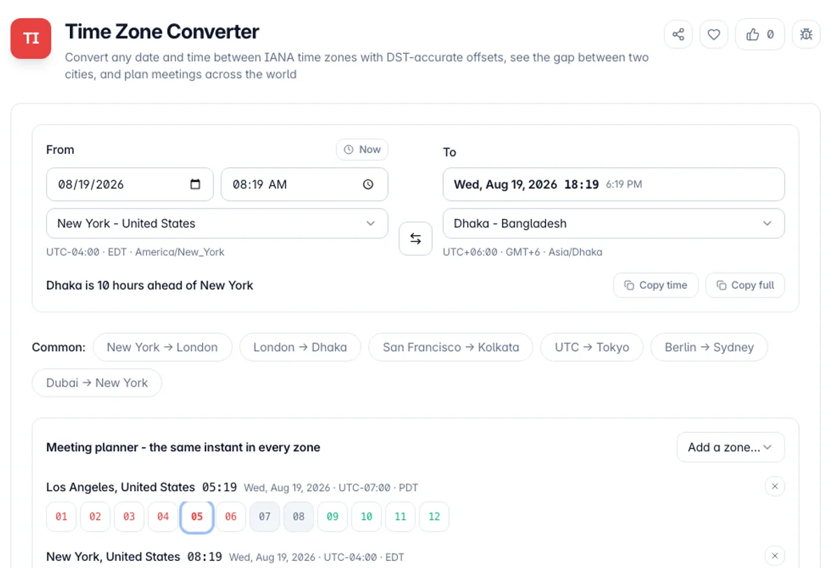 Time Zone Converter interface on Toolz.dev - Convert any date and time between IANA time zones with DST-accurate offsets, see the gap between two cities, and plan meetings across the world