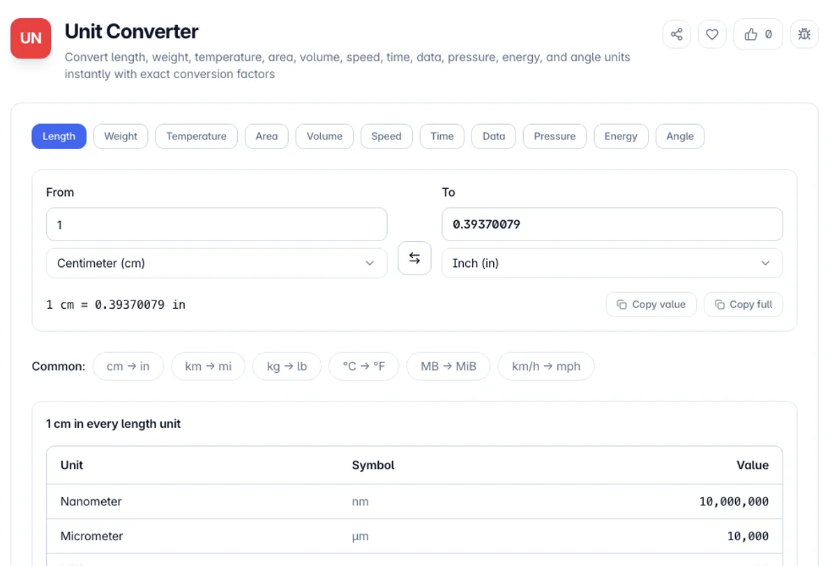 Unit Converter interface on Toolz.dev - Convert length, weight, temperature, area, volume, speed, time, data, pressure, energy, and angle units instantly with exact conversion factors