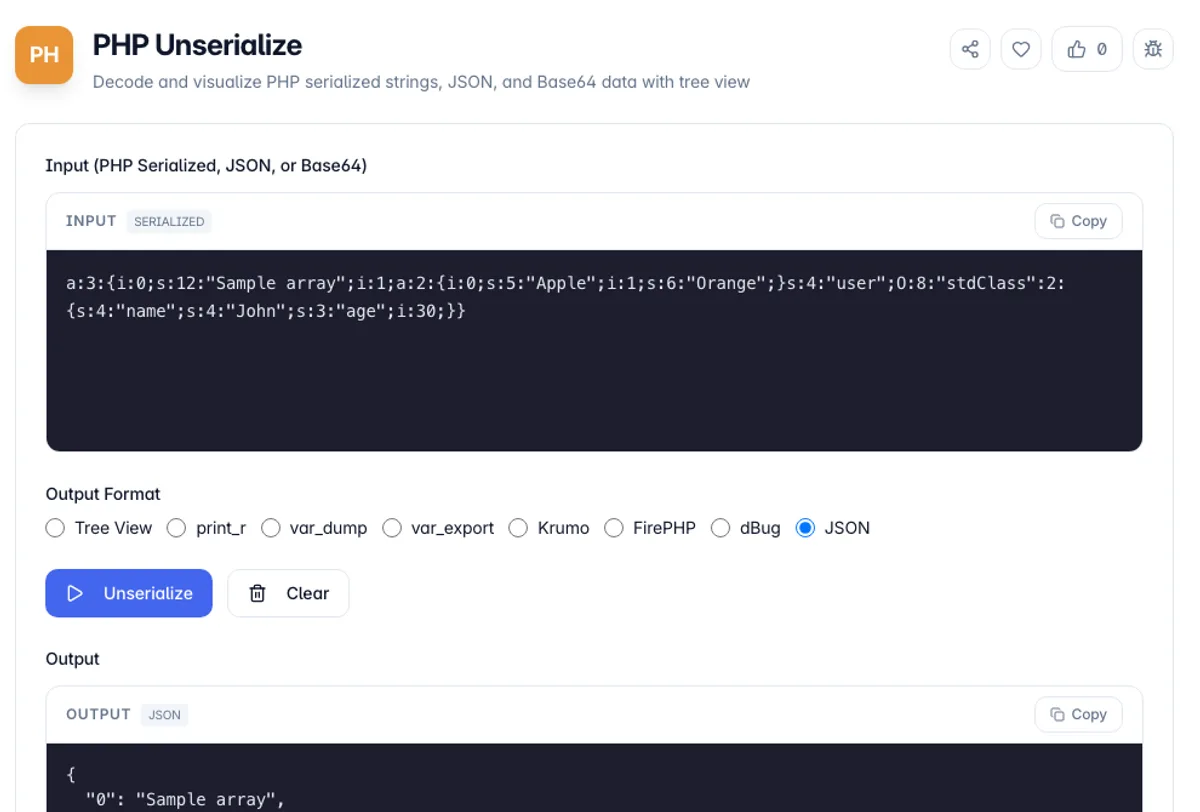 PHP Unserialize interface on Toolz.dev - Decode and visualize PHP serialized strings, JSON, and Base64 data with tree view