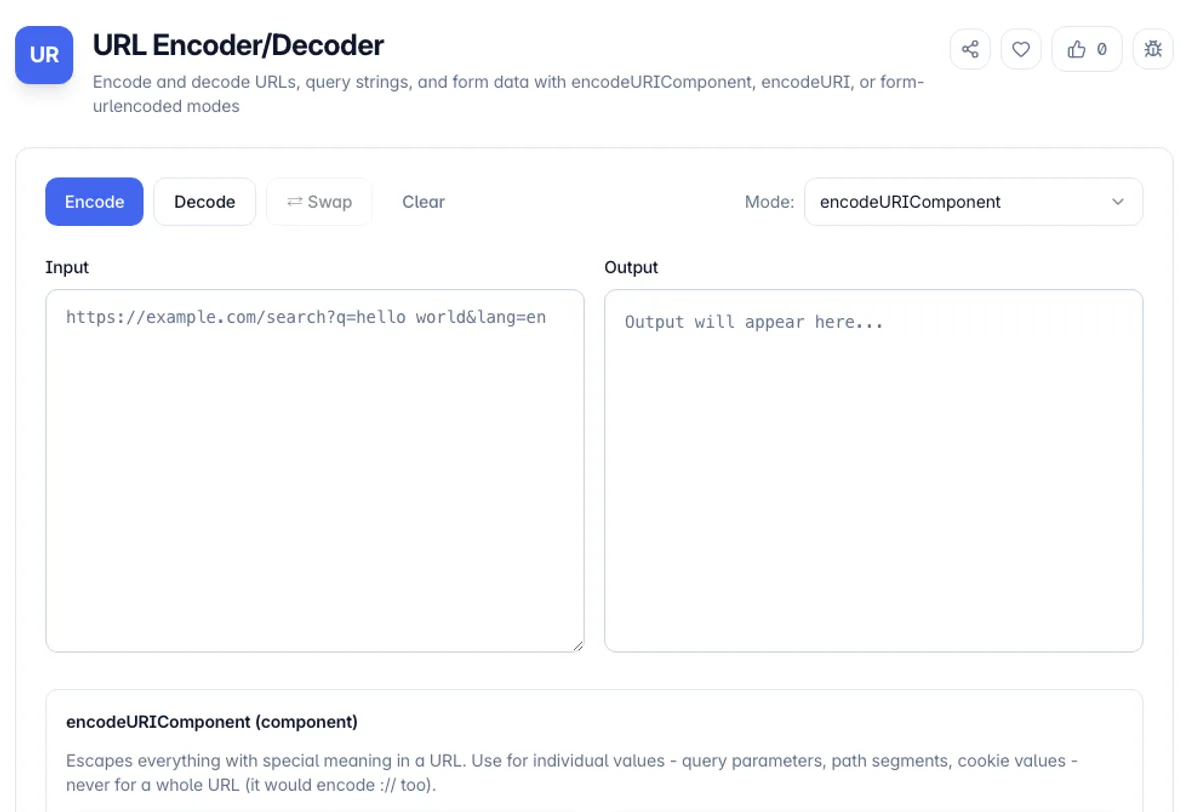 URL Encoder/Decoder interface on Toolz.dev - Encode and decode URLs, query strings, and form data with encodeURIComponent, encodeURI, or form-urlencoded modes