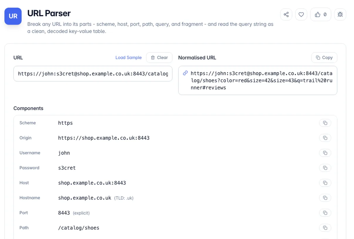 URL Parser interface on Toolz.dev - Break any URL into its parts - scheme, host, port, path, query, and fragment - and read the query string as a clean, decoded key-value table.