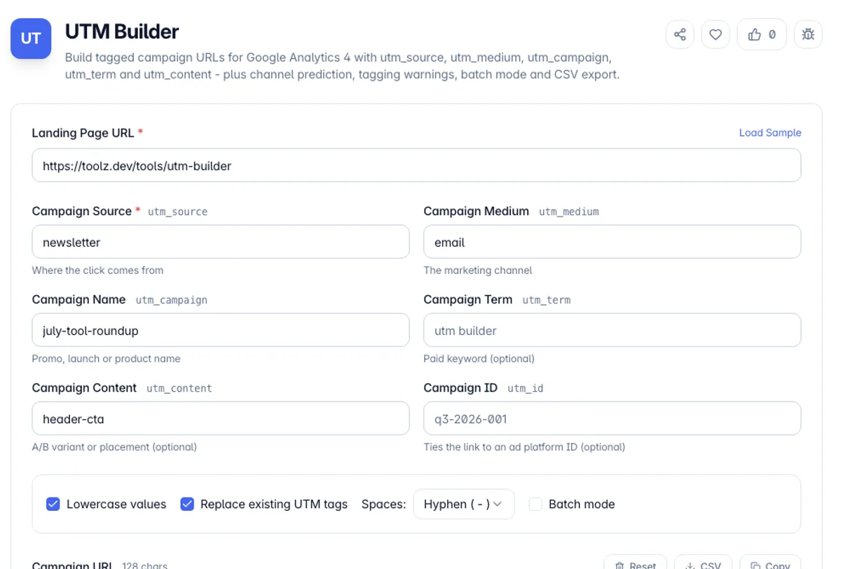 UTM Builder interface on Toolz.dev - Build tagged campaign URLs for Google Analytics 4 with utm_source, utm_medium, utm_campaign, utm_term and utm_content - plus channel prediction, tagging warnings, batch mode and CSV export.