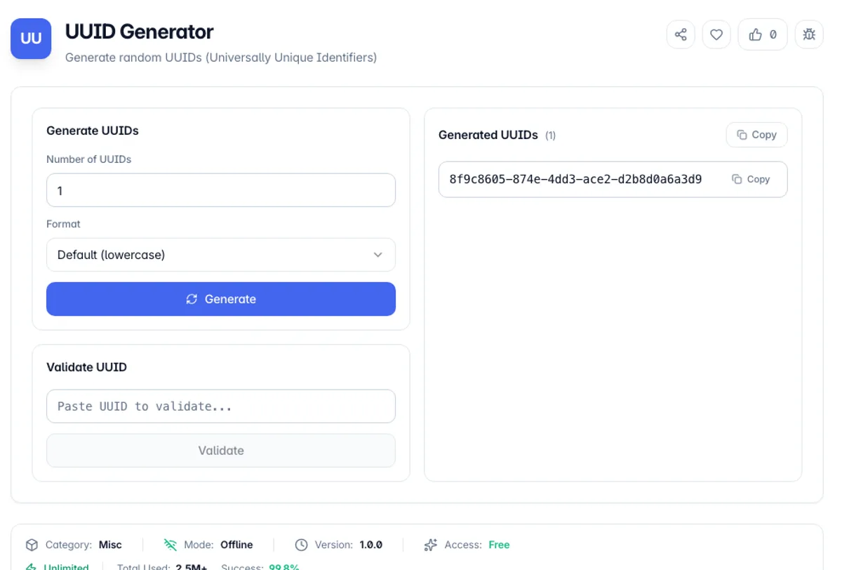 UUID Generator interface on Toolz.dev - Generate random UUIDs (Universally Unique Identifiers)