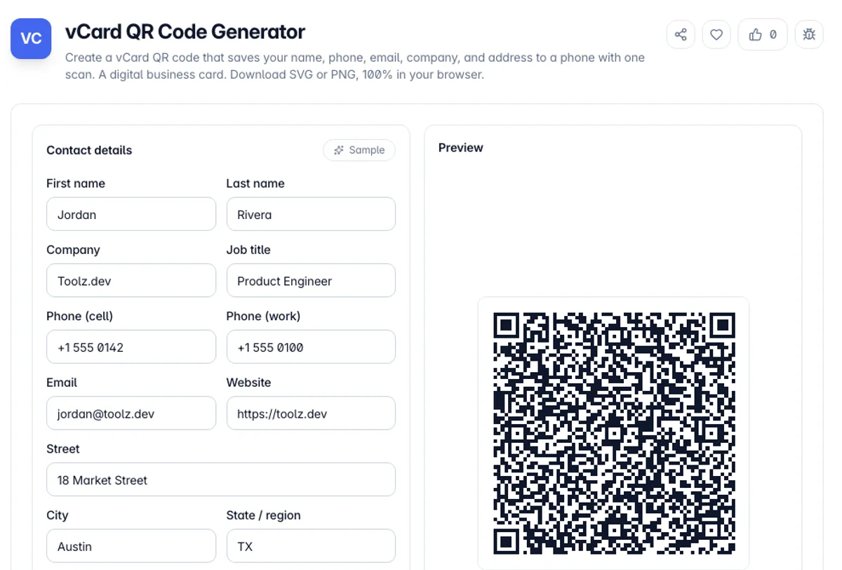 vCard QR Code Generator interface on Toolz.dev - Create a vCard QR code that saves your name, phone, email, company, and address to a phone with one scan. A digital business card. Download SVG or PNG, 100% in your browser.