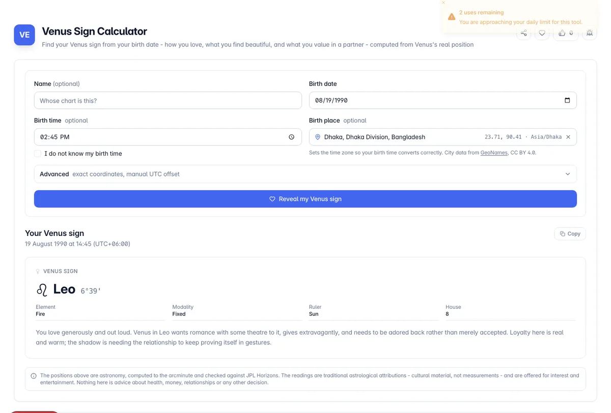 Venus Sign Calculator interface on Toolz.dev - Find your Venus sign from your birth date - how you love, what you find beautiful, and what you value in a partner - computed from Venus's real position