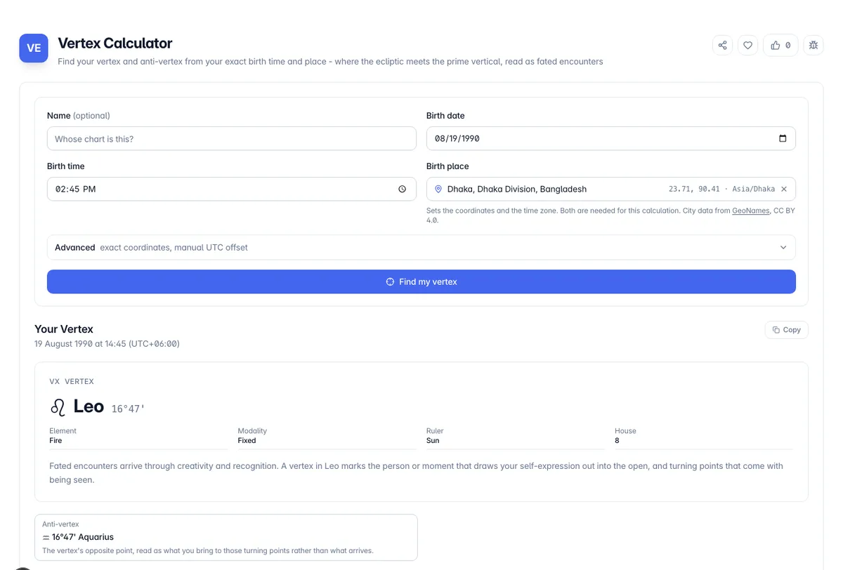 Vertex Calculator interface on Toolz.dev - Find your vertex and anti-vertex from your exact birth time and place - where the ecliptic meets the prime vertical, read as fated encounters