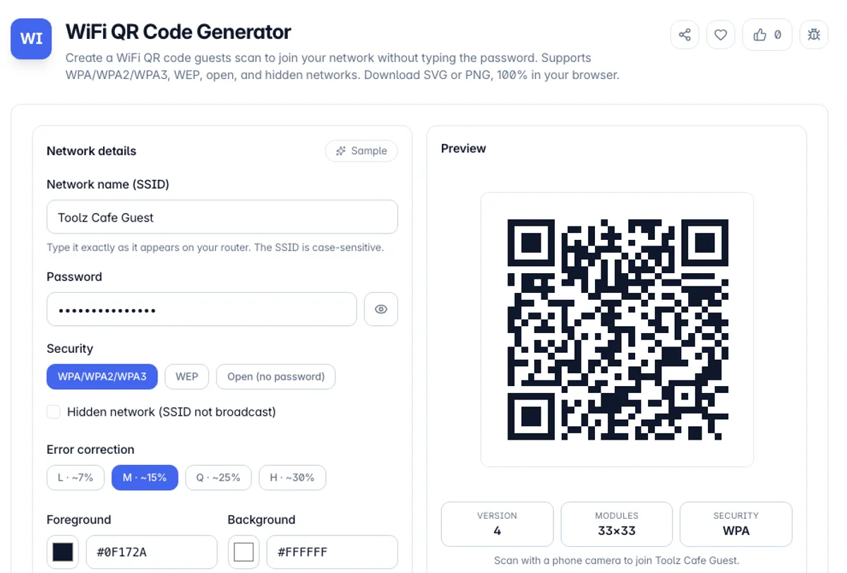 WiFi QR Code Generator interface on Toolz.dev - Create a WiFi QR code guests scan to join your network without typing the password. Supports WPA/WPA2/WPA3, WEP, open, and hidden networks. Download SVG or PNG, 100% in your browser.