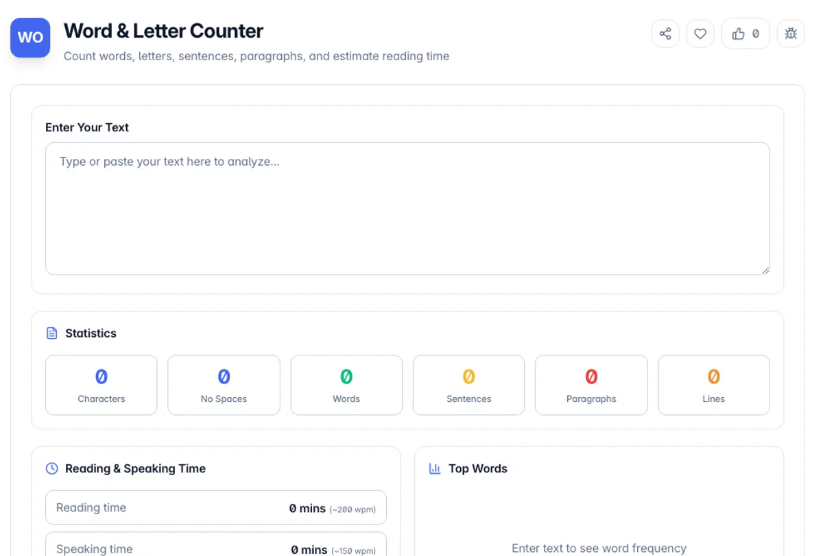 Word & Letter Counter interface on Toolz.dev - Count words, letters, sentences, paragraphs, and estimate reading time
