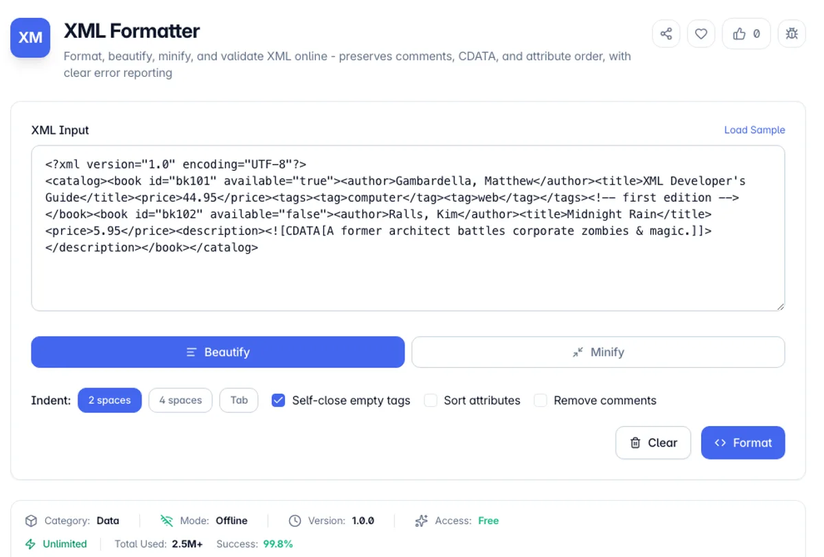XML Formatter interface on Toolz.dev - Format, beautify, minify, and validate XML online - preserves comments, CDATA, and attribute order, with clear error reporting