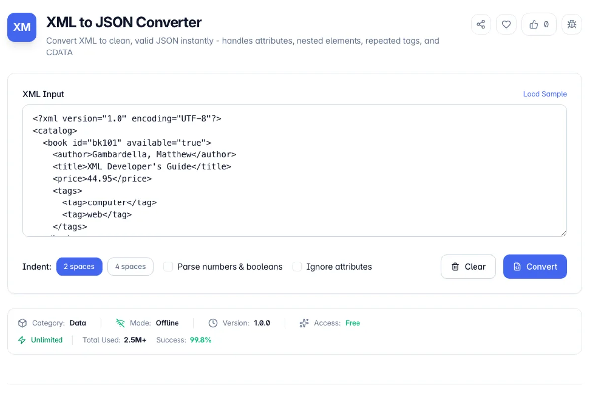 XML to JSON Converter interface on Toolz.dev - Convert XML to clean, valid JSON instantly - handles attributes, nested elements, repeated tags, and CDATA