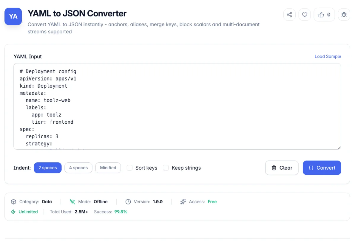 YAML to JSON Converter interface on Toolz.dev - Convert YAML to JSON instantly - anchors, aliases, merge keys, block scalars and multi-document streams supported