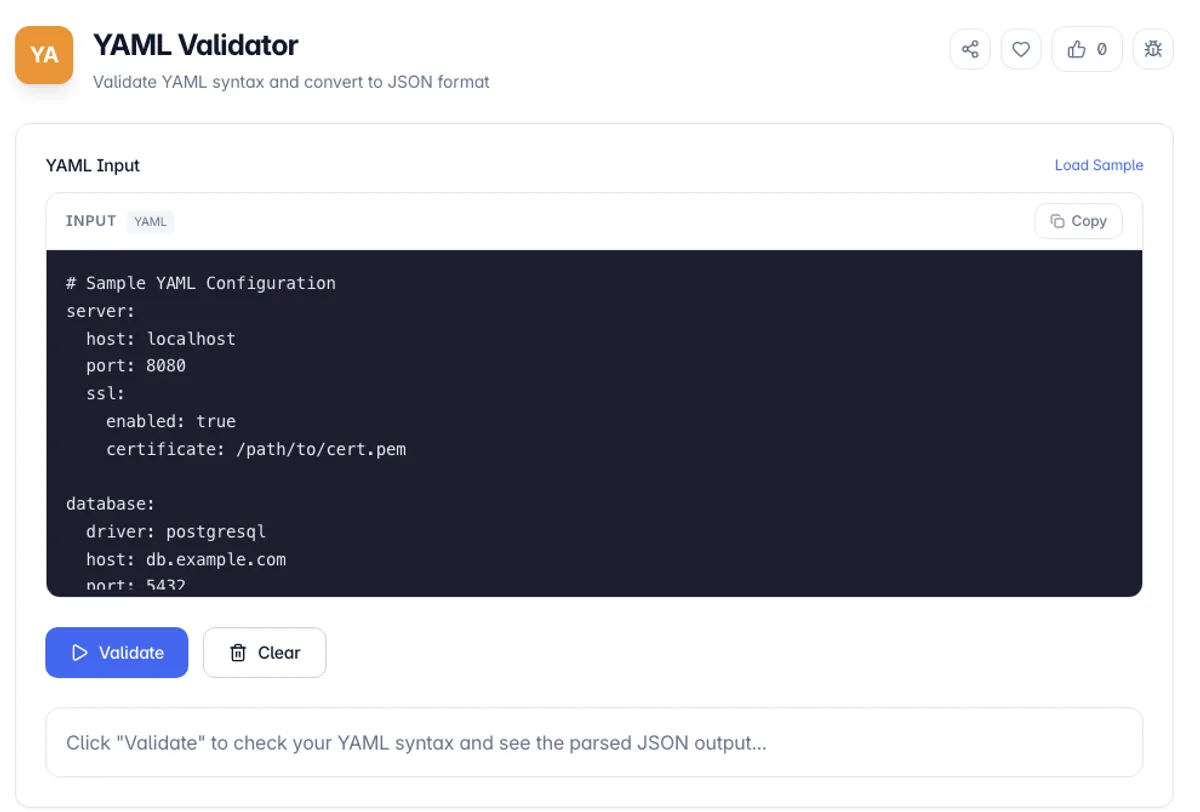 YAML Validator interface on Toolz.dev - Validate YAML syntax and convert to JSON format